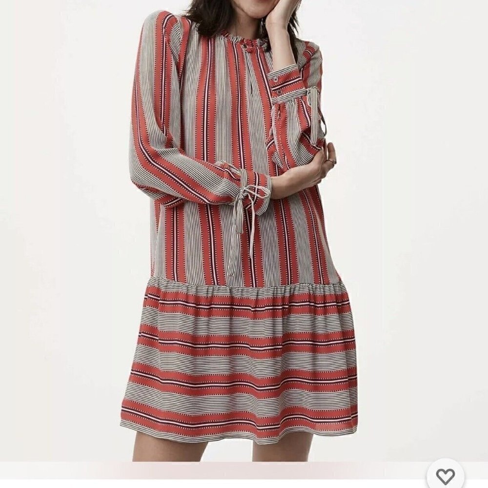 Loft Shift Dress Size S Spiced Stripe Flounce Hem Long Sleeve Tie Cuff Keyhole